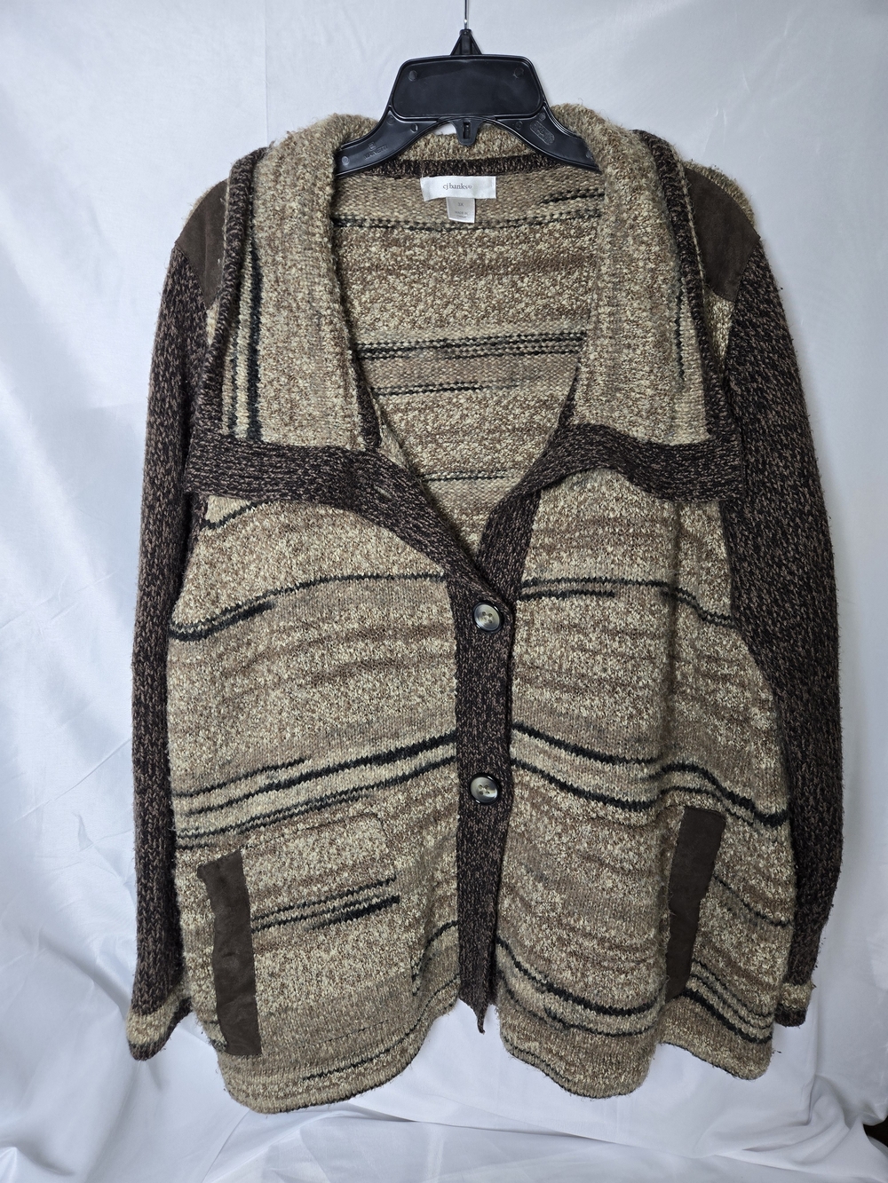 CJ Banks Brown and Tan Striped Shawl Collar Cardigan